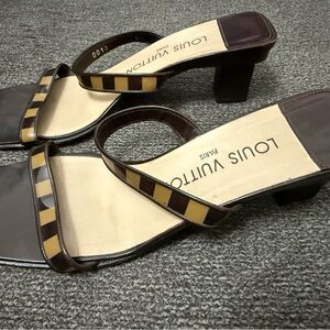 Louis Vuitton Brown and Beige Striped Leather Heeled Mules